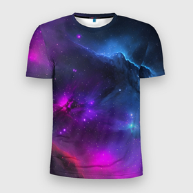 Мужская футболка 3D Slim с принтом Бескрайний космос фиолетовый в Екатеринбурге, 100% полиэстер с улучшенными характеристиками | приталенный силуэт, круглая горловина, широкие плечи, сужается к линии бедра | 