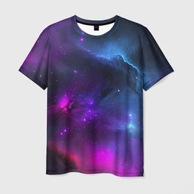 Мужская футболка 3D с принтом Бескрайний космос фиолетовый в Екатеринбурге, 100% полиэфир | прямой крой, круглый вырез горловины, длина до линии бедер | 