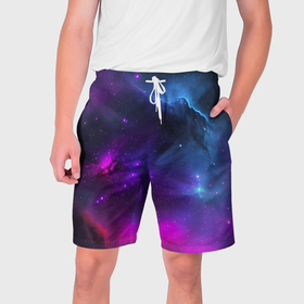 Мужские шорты 3D с принтом Бескрайний космос фиолетовый в Санкт-Петербурге,  полиэстер 100% | прямой крой, два кармана без застежек по бокам. Мягкая трикотажная резинка на поясе, внутри которой широкие завязки. Длина чуть выше колен | 