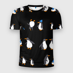 Мужская футболка 3D Slim с принтом Веселая семья пингвинов в Кировске, 100% полиэстер с улучшенными характеристиками | приталенный силуэт, круглая горловина, широкие плечи, сужается к линии бедра | 