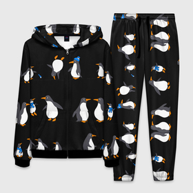 Мужской костюм 3D с принтом Веселая семья пингвинов в Петрозаводске, 100% полиэстер | Манжеты и пояс оформлены тканевой резинкой, двухслойный капюшон со шнурком для регулировки, карманы спереди | 