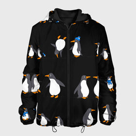 Мужская куртка 3D с принтом Веселая семья пингвинов в Новосибирске, ткань верха — 100% полиэстер, подклад — флис | прямой крой, подол и капюшон оформлены резинкой с фиксаторами, два кармана без застежек по бокам, один большой потайной карман на груди. Карман на груди застегивается на липучку | 