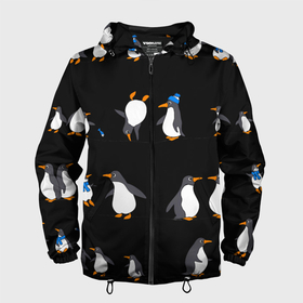 Мужская ветровка 3D с принтом Веселая семья пингвинов в Новосибирске, 100% полиэстер | подол и капюшон оформлены резинкой с фиксаторами, два кармана без застежек по бокам, один потайной карман на груди | 