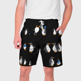 Мужские шорты 3D с принтом Веселая семья пингвинов в Петрозаводске,  полиэстер 100% | прямой крой, два кармана без застежек по бокам. Мягкая трикотажная резинка на поясе, внутри которой широкие завязки. Длина чуть выше колен | 