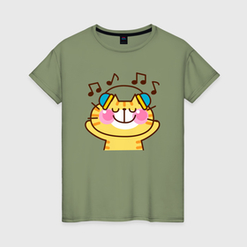 Женская футболка хлопок с принтом Жёлтый котик слушает музыку в Курске, 100% хлопок | прямой крой, круглый вырез горловины, длина до линии бедер, слегка спущенное плечо | 
