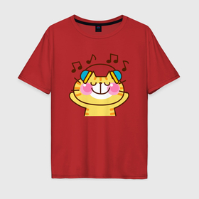 Мужская футболка хлопок Oversize с принтом Жёлтый котик слушает музыку , 100% хлопок | свободный крой, круглый ворот, “спинка” длиннее передней части | Тематика изображения на принте: 