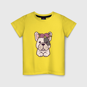 Детская футболка хлопок с принтом Английский бульдог щенок с цветами в Санкт-Петербурге, 100% хлопок | круглый вырез горловины, полуприлегающий силуэт, длина до линии бедер | 