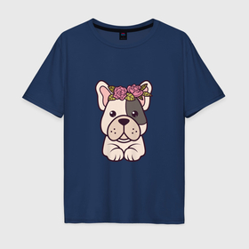 Мужская футболка хлопок Oversize с принтом Английский бульдог щенок с цветами в Белгороде, 100% хлопок | свободный крой, круглый ворот, “спинка” длиннее передней части | Тематика изображения на принте: 