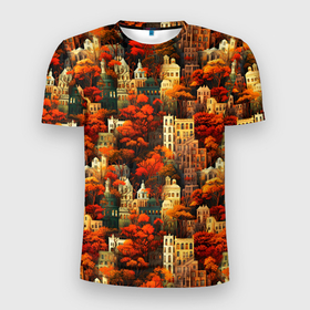 Мужская футболка 3D Slim с принтом Осенний вечерний город в Санкт-Петербурге, 100% полиэстер с улучшенными характеристиками | приталенный силуэт, круглая горловина, широкие плечи, сужается к линии бедра | 