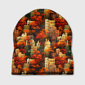 Шапка 3D с принтом Осенний вечерний город в Курске, 100% полиэстер | универсальный размер, печать по всей поверхности изделия | Тематика изображения на принте: 