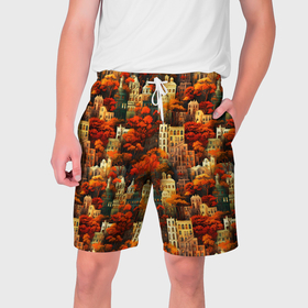 Мужские шорты 3D с принтом Осенний вечерний город в Курске,  полиэстер 100% | прямой крой, два кармана без застежек по бокам. Мягкая трикотажная резинка на поясе, внутри которой широкие завязки. Длина чуть выше колен | 