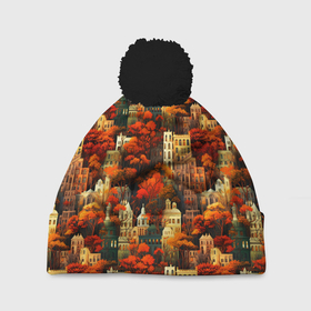 Шапка 3D c помпоном с принтом Осенний вечерний город в Курске, 100% полиэстер | универсальный размер, печать по всей поверхности изделия | Тематика изображения на принте: 