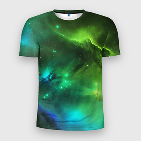 Мужская футболка 3D Slim с принтом Бескрайний космос зелёный в Санкт-Петербурге, 100% полиэстер с улучшенными характеристиками | приталенный силуэт, круглая горловина, широкие плечи, сужается к линии бедра | Тематика изображения на принте: 