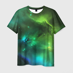 Мужская футболка 3D с принтом Бескрайний космос зелёный в Екатеринбурге, 100% полиэфир | прямой крой, круглый вырез горловины, длина до линии бедер | 