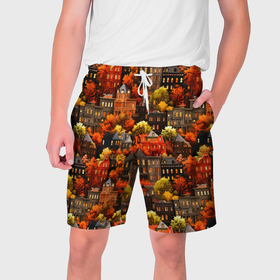 Мужские шорты 3D с принтом Осенний город на горе ,  полиэстер 100% | прямой крой, два кармана без застежек по бокам. Мягкая трикотажная резинка на поясе, внутри которой широкие завязки. Длина чуть выше колен | 