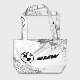 Пляжная сумка 3D с принтом BMW speed на светлом фоне со следами шин по горизонтали в Новосибирске, 100% полиэстер | застегивается на металлическую кнопку; внутренний карман застегивается на молнию. Стенки укреплены специальным мягким материалом, чтобы защитить содержимое от несильных ударов
 | 