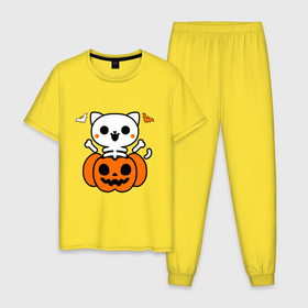 Мужская пижама хлопок с принтом Веселый кот скелет в тыкве   Хэллоуин в Санкт-Петербурге, 100% хлопок | брюки и футболка прямого кроя, без карманов, на брюках мягкая резинка на поясе и по низу штанин
 | 
