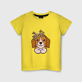 Детская футболка хлопок с принтом Бигль щенок с цветами милый , 100% хлопок | круглый вырез горловины, полуприлегающий силуэт, длина до линии бедер | 