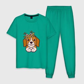 Мужская пижама хлопок с принтом Бигль щенок с цветами милый в Тюмени, 100% хлопок | брюки и футболка прямого кроя, без карманов, на брюках мягкая резинка на поясе и по низу штанин
 | 