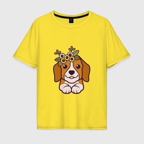 Мужская футболка хлопок Oversize с принтом Бигль щенок с цветами милый в Белгороде, 100% хлопок | свободный крой, круглый ворот, “спинка” длиннее передней части | 