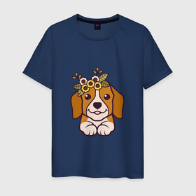 Мужская футболка хлопок с принтом Бигль щенок с цветами милый в Белгороде, 100% хлопок | прямой крой, круглый вырез горловины, длина до линии бедер, слегка спущенное плечо. | 