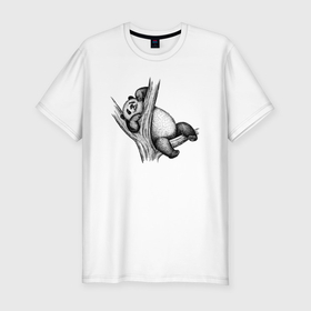 Мужская футболка хлопок Slim с принтом Панда застряла на дереве в Санкт-Петербурге, 92% хлопок, 8% лайкра | приталенный силуэт, круглый вырез ворота, длина до линии бедра, короткий рукав | Тематика изображения на принте: 