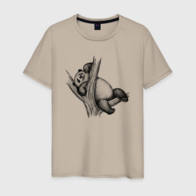 Мужская футболка хлопок с принтом Панда застряла на дереве в Санкт-Петербурге, 100% хлопок | прямой крой, круглый вырез горловины, длина до линии бедер, слегка спущенное плечо. | Тематика изображения на принте: 