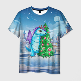 Мужская футболка 3D с принтом Новогодний  дракон у елки , 100% полиэфир | прямой крой, круглый вырез горловины, длина до линии бедер | 