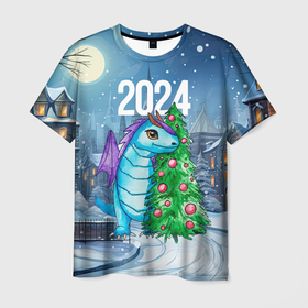 Мужская футболка 3D с принтом Дракон у новогодней елки 2024 , 100% полиэфир | прямой крой, круглый вырез горловины, длина до линии бедер | 