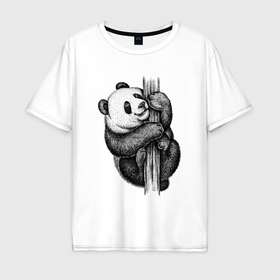 Мужская футболка хлопок Oversize с принтом Панда залезла на дерево в Петрозаводске, 100% хлопок | свободный крой, круглый ворот, “спинка” длиннее передней части | 
