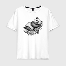 Мужская футболка хлопок Oversize с принтом Панда жует бамбук в Курске, 100% хлопок | свободный крой, круглый ворот, “спинка” длиннее передней части | Тематика изображения на принте: 