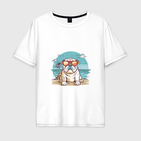 Мужская футболка хлопок Oversize с принтом Бульдог на пляже в Петрозаводске, 100% хлопок | свободный крой, круглый ворот, “спинка” длиннее передней части | 