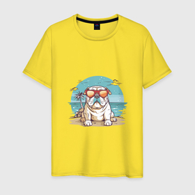 Мужская футболка хлопок с принтом Бульдог на пляже в Белгороде, 100% хлопок | прямой крой, круглый вырез горловины, длина до линии бедер, слегка спущенное плечо. | 