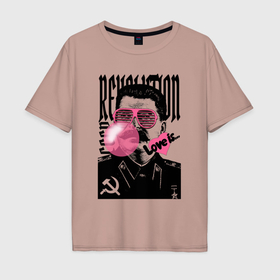 Мужская футболка хлопок Oversize с принтом Сталин любовь революция и жвачка в Белгороде, 100% хлопок | свободный крой, круглый ворот, “спинка” длиннее передней части | 