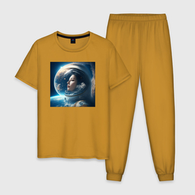 Мужская пижама хлопок с принтом Космическая девушка в космосе в Санкт-Петербурге, 100% хлопок | брюки и футболка прямого кроя, без карманов, на брюках мягкая резинка на поясе и по низу штанин
 | Тематика изображения на принте: 