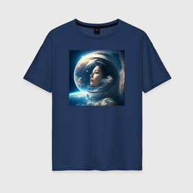 Женская футболка хлопок Oversize с принтом Космическая девушка в космосе в Курске, 100% хлопок | свободный крой, круглый ворот, спущенный рукав, длина до линии бедер
 | 