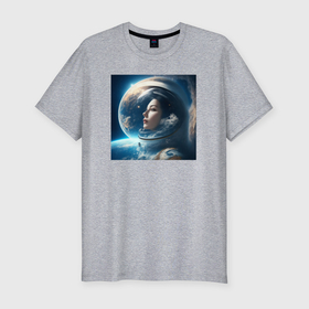 Мужская футболка хлопок Slim с принтом Космическая девушка в космосе в Санкт-Петербурге, 92% хлопок, 8% лайкра | приталенный силуэт, круглый вырез ворота, длина до линии бедра, короткий рукав | Тематика изображения на принте: 