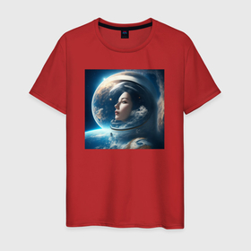 Мужская футболка хлопок с принтом Космическая девушка в космосе в Санкт-Петербурге, 100% хлопок | прямой крой, круглый вырез горловины, длина до линии бедер, слегка спущенное плечо. | Тематика изображения на принте: 
