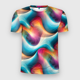 Мужская футболка 3D Slim с принтом Волнообразная разноцветная абстракция в Тюмени, 100% полиэстер с улучшенными характеристиками | приталенный силуэт, круглая горловина, широкие плечи, сужается к линии бедра | 
