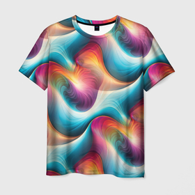 Мужская футболка 3D с принтом Волнообразная разноцветная абстракция в Тюмени, 100% полиэфир | прямой крой, круглый вырез горловины, длина до линии бедер | 