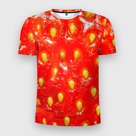 Мужская футболка 3D Slim с принтом Спелая клубника текстура макро в Екатеринбурге, 100% полиэстер с улучшенными характеристиками | приталенный силуэт, круглая горловина, широкие плечи, сужается к линии бедра | 