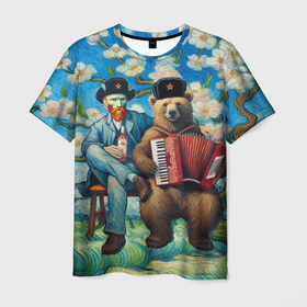 Мужская футболка 3D с принтом Русский медведь Винсента Ван Гога в Петрозаводске, 100% полиэфир | прямой крой, круглый вырез горловины, длина до линии бедер | 