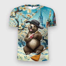 Мужская футболка 3D Slim с принтом Россия медведь водка балалайка в Тюмени, 100% полиэстер с улучшенными характеристиками | приталенный силуэт, круглая горловина, широкие плечи, сужается к линии бедра | 