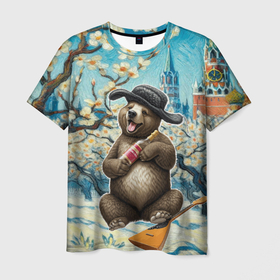 Мужская футболка 3D с принтом Россия медведь водка балалайка в Санкт-Петербурге, 100% полиэфир | прямой крой, круглый вырез горловины, длина до линии бедер | 
