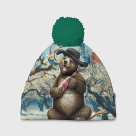 Шапка 3D c помпоном с принтом Россия медведь водка балалайка в Петрозаводске, 100% полиэстер | универсальный размер, печать по всей поверхности изделия | 