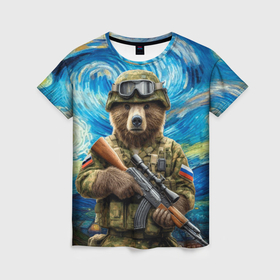 Женская футболка 3D с принтом Ночной снайпер бурый медведь в Тюмени, 100% полиэфир ( синтетическое хлопкоподобное полотно) | прямой крой, круглый вырез горловины, длина до линии бедер | 