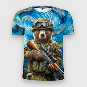 Мужская футболка 3D Slim с принтом Ночной снайпер бурый медведь в Белгороде, 100% полиэстер с улучшенными характеристиками | приталенный силуэт, круглая горловина, широкие плечи, сужается к линии бедра | Тематика изображения на принте: 