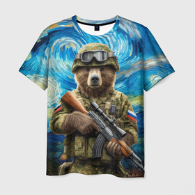Мужская футболка 3D с принтом Ночной снайпер бурый медведь в Тюмени, 100% полиэфир | прямой крой, круглый вырез горловины, длина до линии бедер | Тематика изображения на принте: 