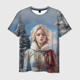Мужская футболка 3D с принтом Красавица в зимнем лесу , 100% полиэфир | прямой крой, круглый вырез горловины, длина до линии бедер | Тематика изображения на принте: 