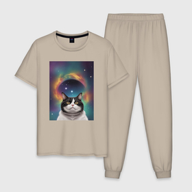Мужская пижама хлопок с принтом Мечтательный космический котик , 100% хлопок | брюки и футболка прямого кроя, без карманов, на брюках мягкая резинка на поясе и по низу штанин
 | 